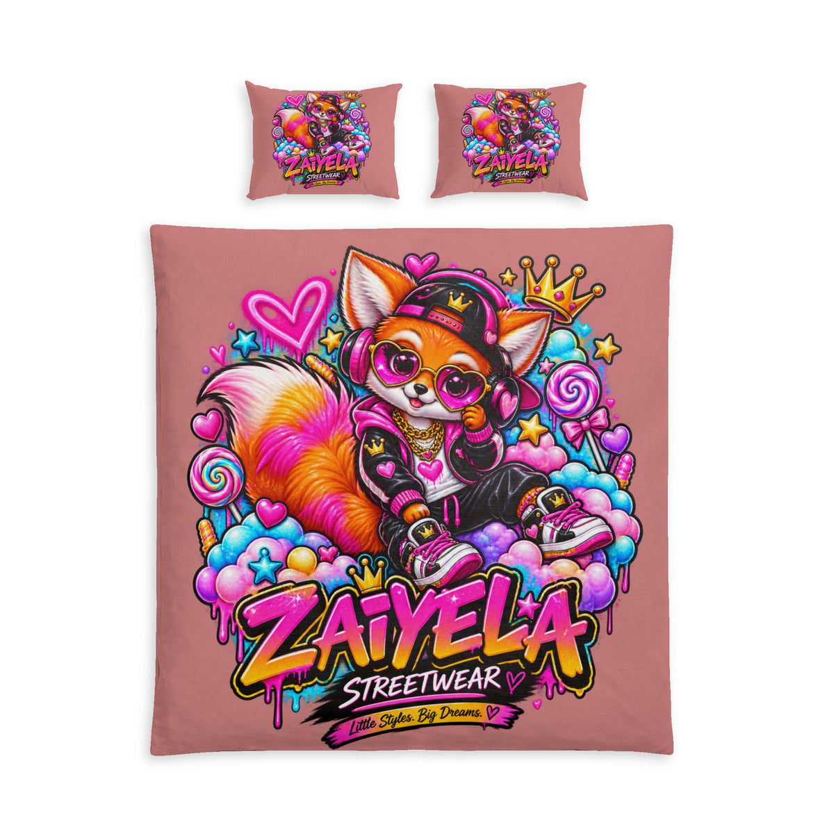 Cute Fox Streetwear Cotton Bed Set — "Zaiyela" Pink Duvet Cover & Pillowcases