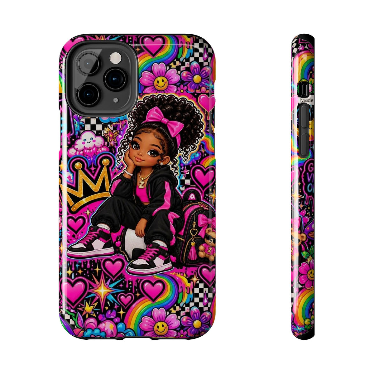 Cute Black Girl Phone Case Pink Crowned Girl, Hearts & Rainbow Tough Case