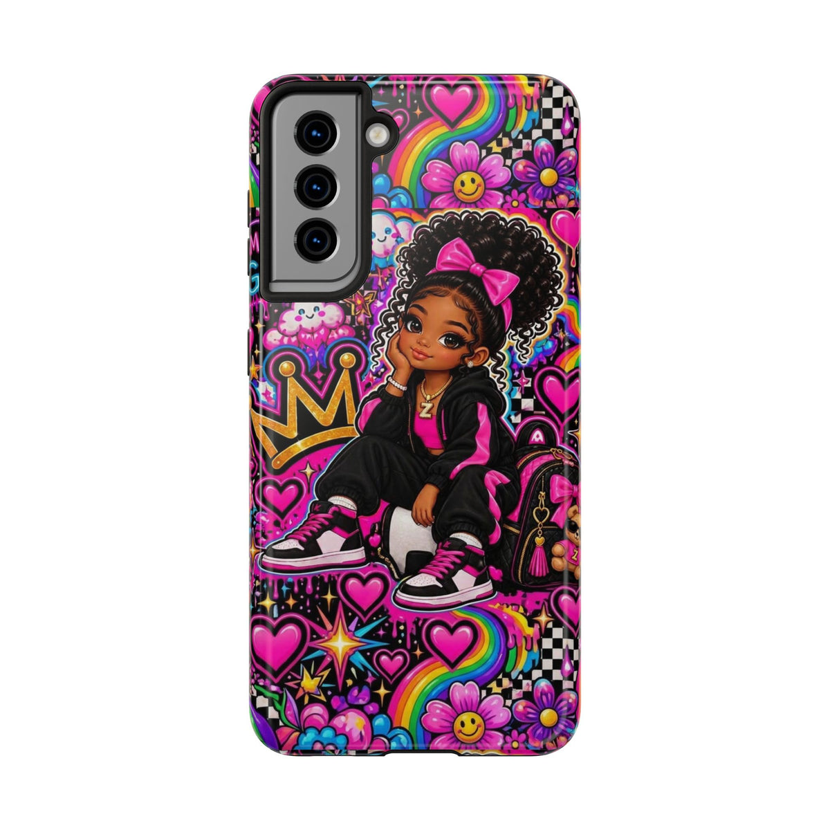 Cute Black Girl Phone Case Pink Crowned Girl, Hearts & Rainbow Tough Case