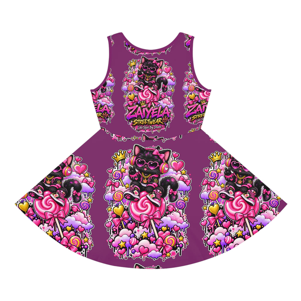 Girls' Purple Cat Candy Print Sundress — 'Zayela Streetwear' All-Over-Print