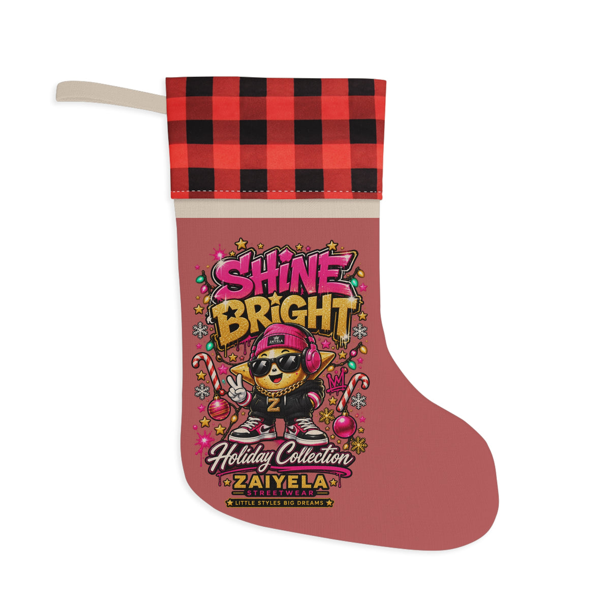 Shine Bright Holiday Christmas Stocking — Red Buffalo Plaid Top