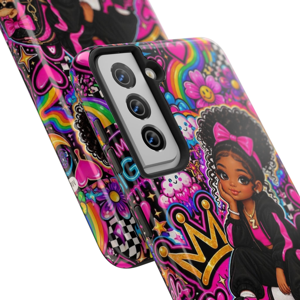 Cute Black Girl Phone Case Pink Crowned Girl, Hearts & Rainbow Tough Case