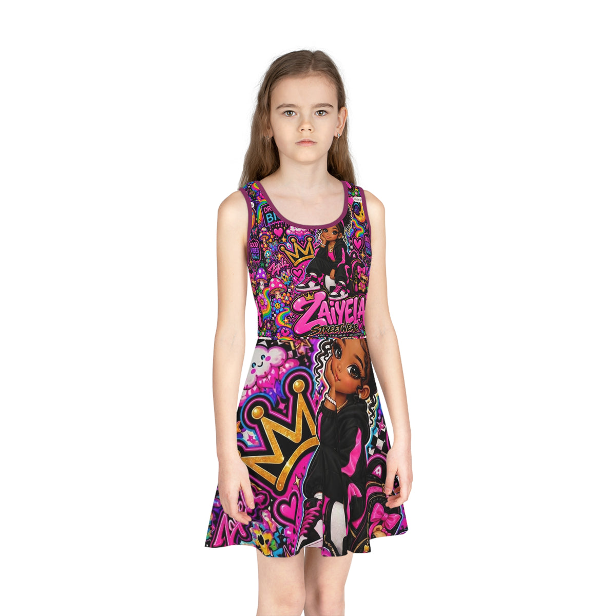 Girls' Personalized Name Sundress — Bright Pink Pop Art "Zaiyeia" All-Over Print