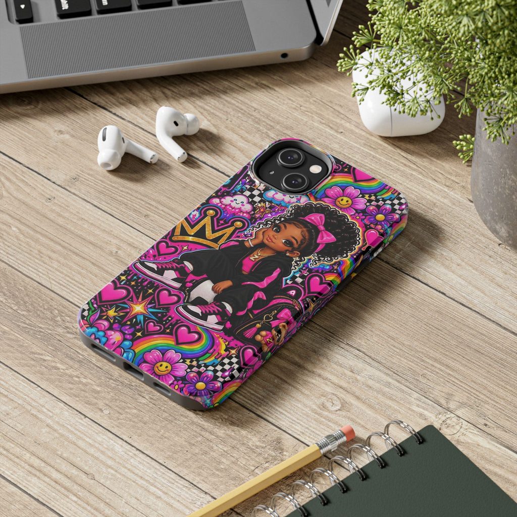 Cute Black Girl Phone Case Pink Crowned Girl, Hearts & Rainbow Tough Case