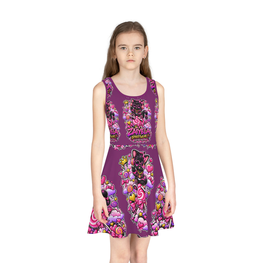 Girls' Purple Cat Candy Print Sundress — 'Zayela Streetwear' All-Over-Print