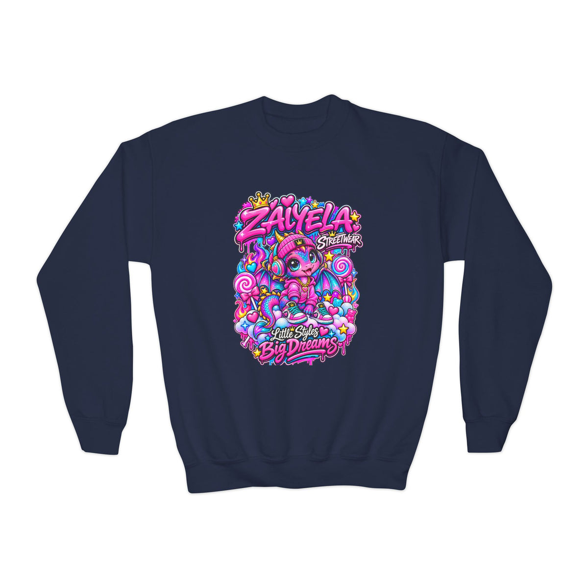 Youth Crewneck Sweatshirt — Colorful Kawaii 'Zalyela' Big Dreams Graphic