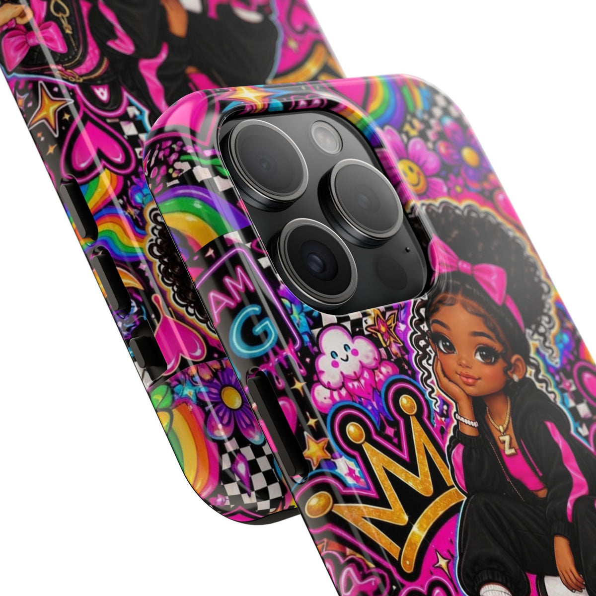 Cute Black Girl Phone Case Pink Crowned Girl, Hearts & Rainbow Tough Case
