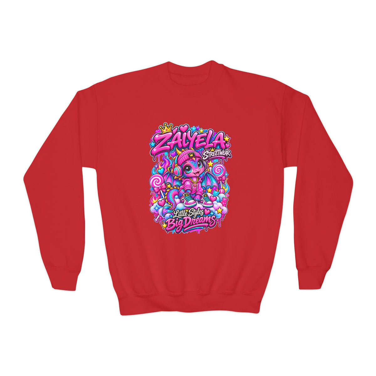 Youth Crewneck Sweatshirt — Colorful Kawaii 'Zalyela' Big Dreams Graphic