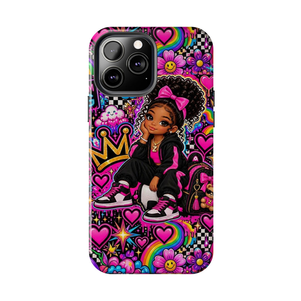 Cute Black Girl Phone Case Pink Crowned Girl, Hearts & Rainbow Tough Case