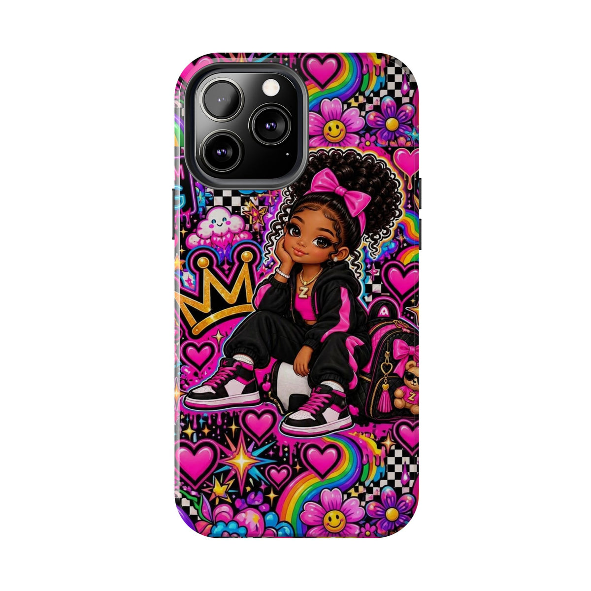Cute Black Girl Phone Case Pink Crowned Girl, Hearts & Rainbow Tough Case