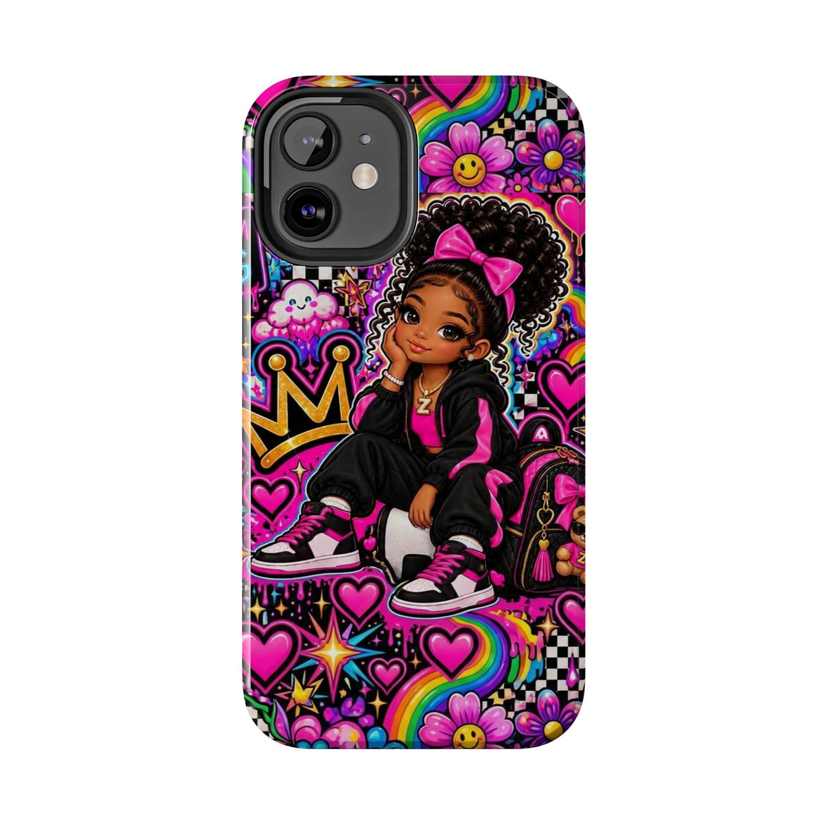 Cute Black Girl Phone Case Pink Crowned Girl, Hearts & Rainbow Tough Case