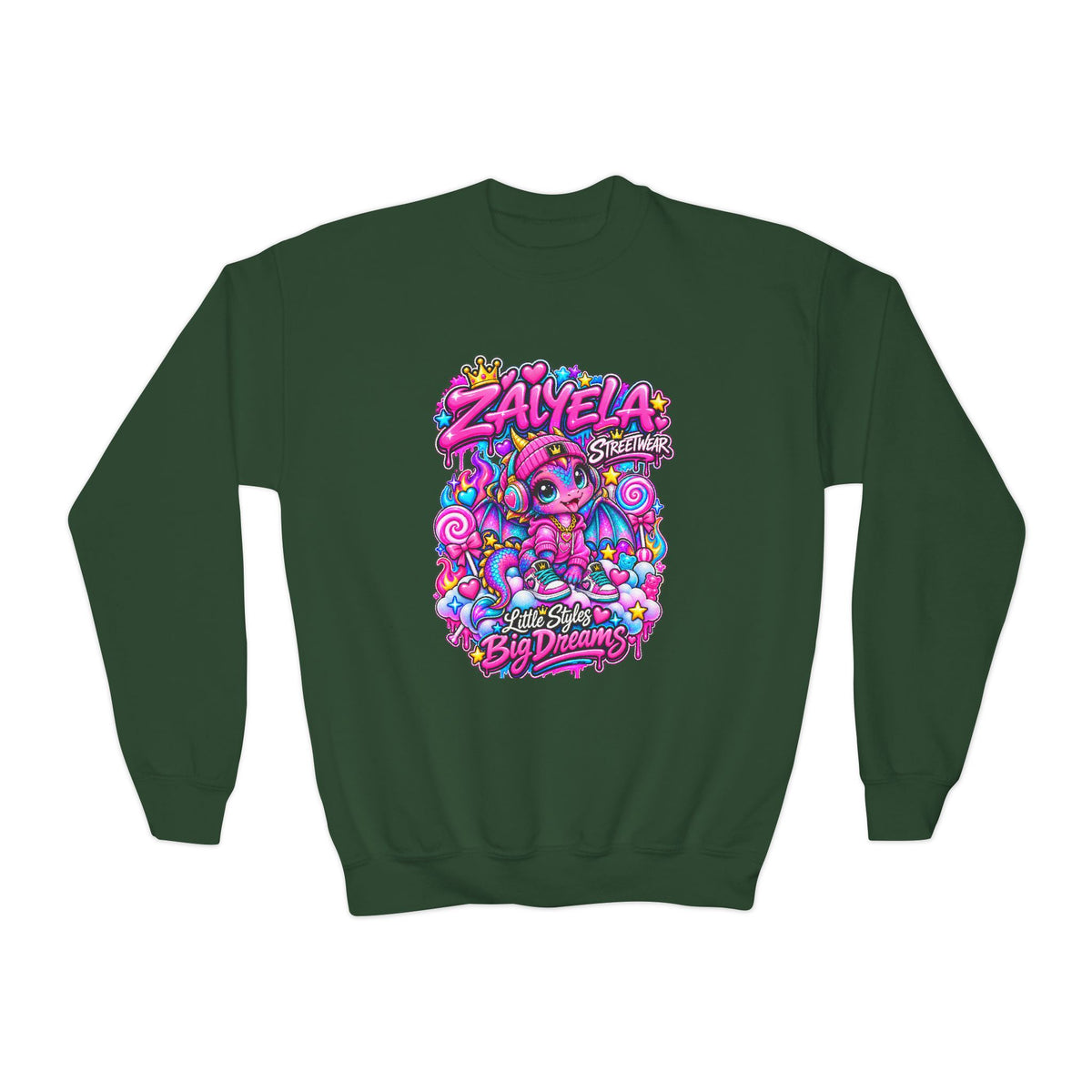 Youth Crewneck Sweatshirt — Colorful Kawaii 'Zalyela' Big Dreams Graphic