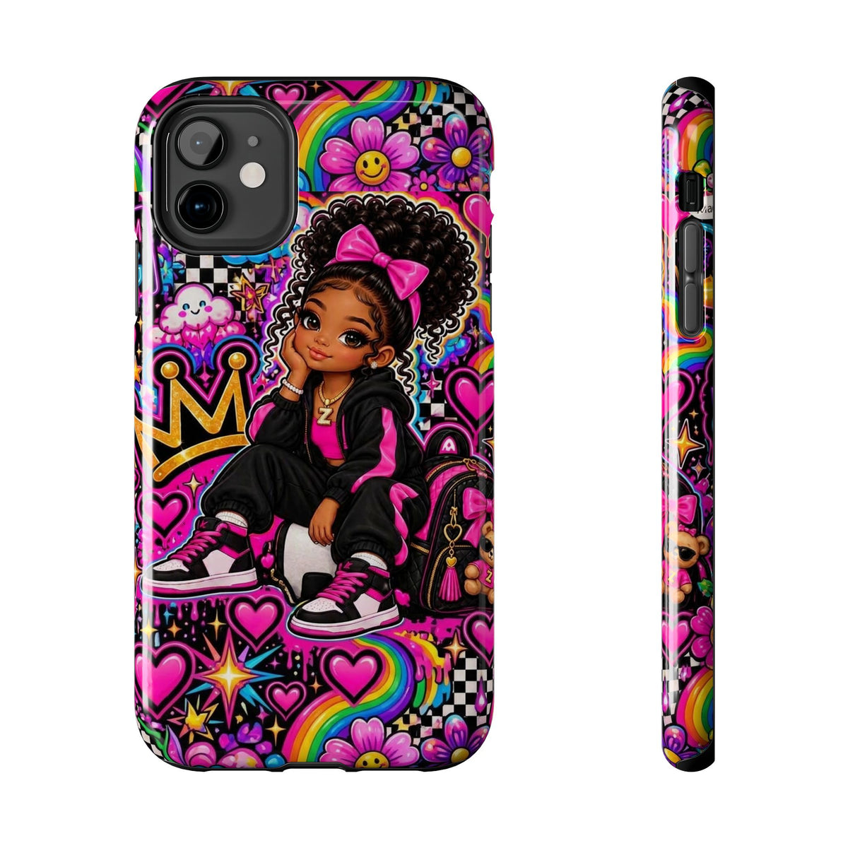 Cute Black Girl Phone Case Pink Crowned Girl, Hearts & Rainbow Tough Case