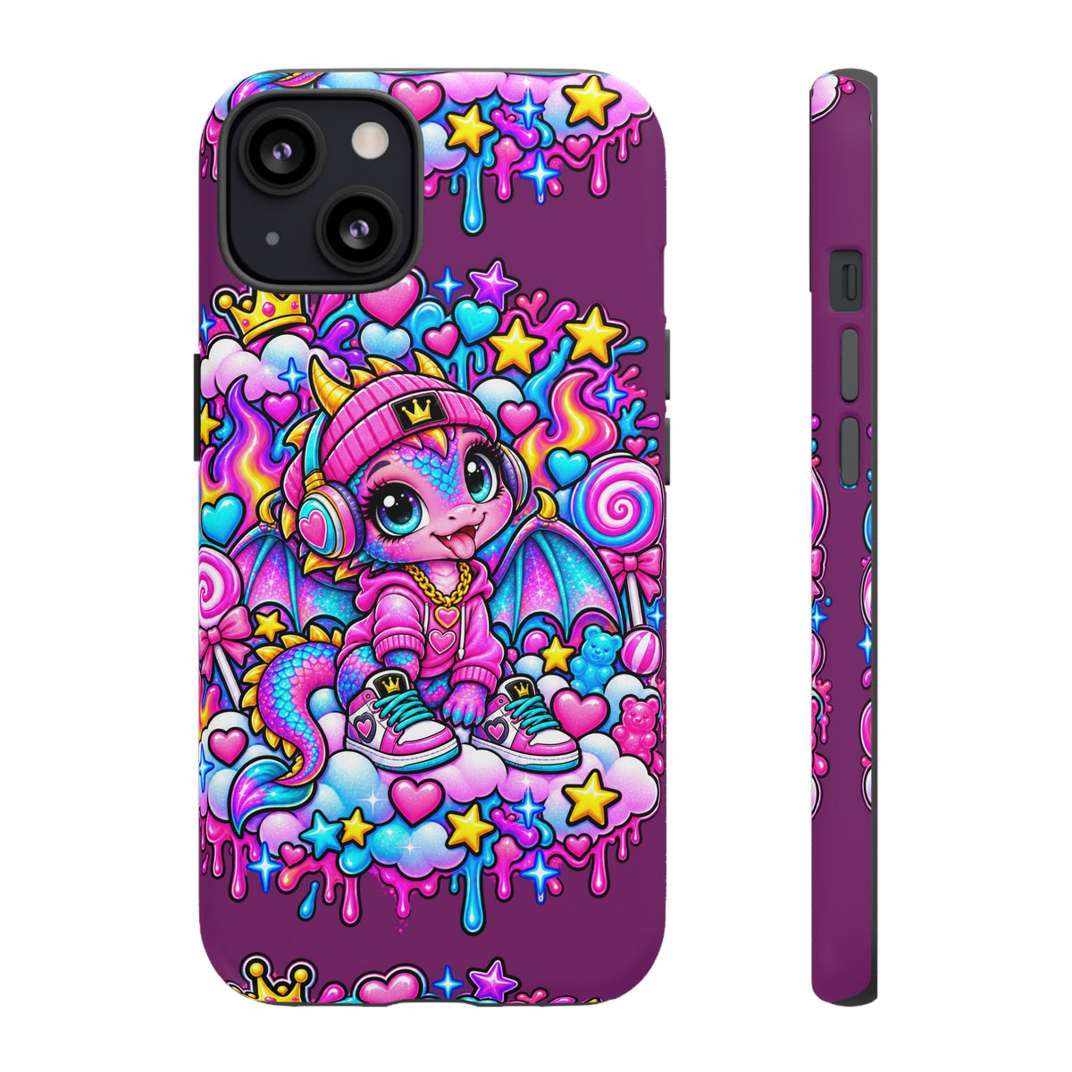 Cute Dragon Phone Case Purple Heart Crown Design