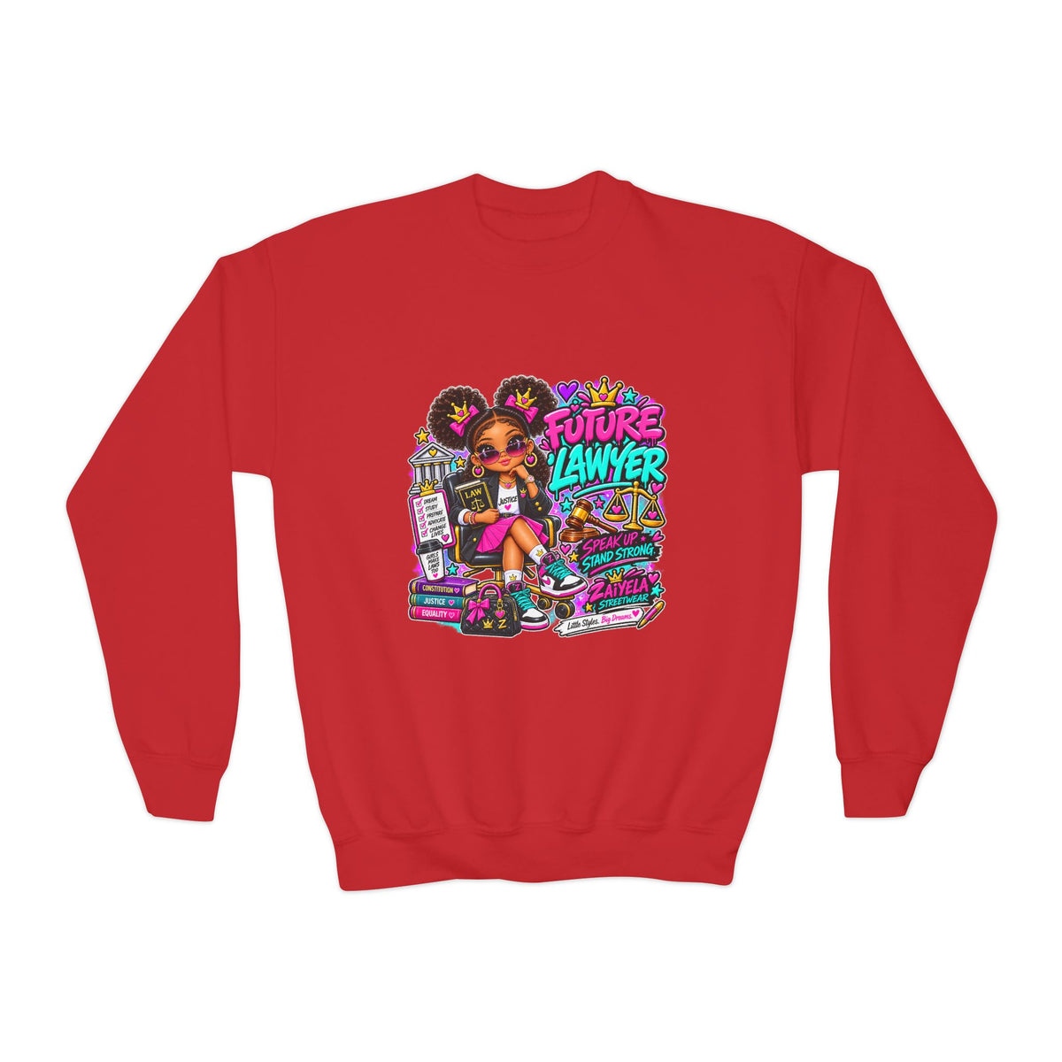 Future Lawyer Youth Crewneck Sweatshirt — Colorful Aspiring Lawyer Graphic