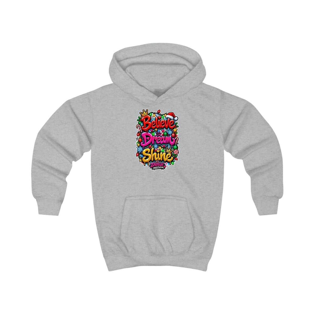 Kids Hoodie  Believe • Dream • Shine Colorful Holiday Graphic Hoodie for Kids