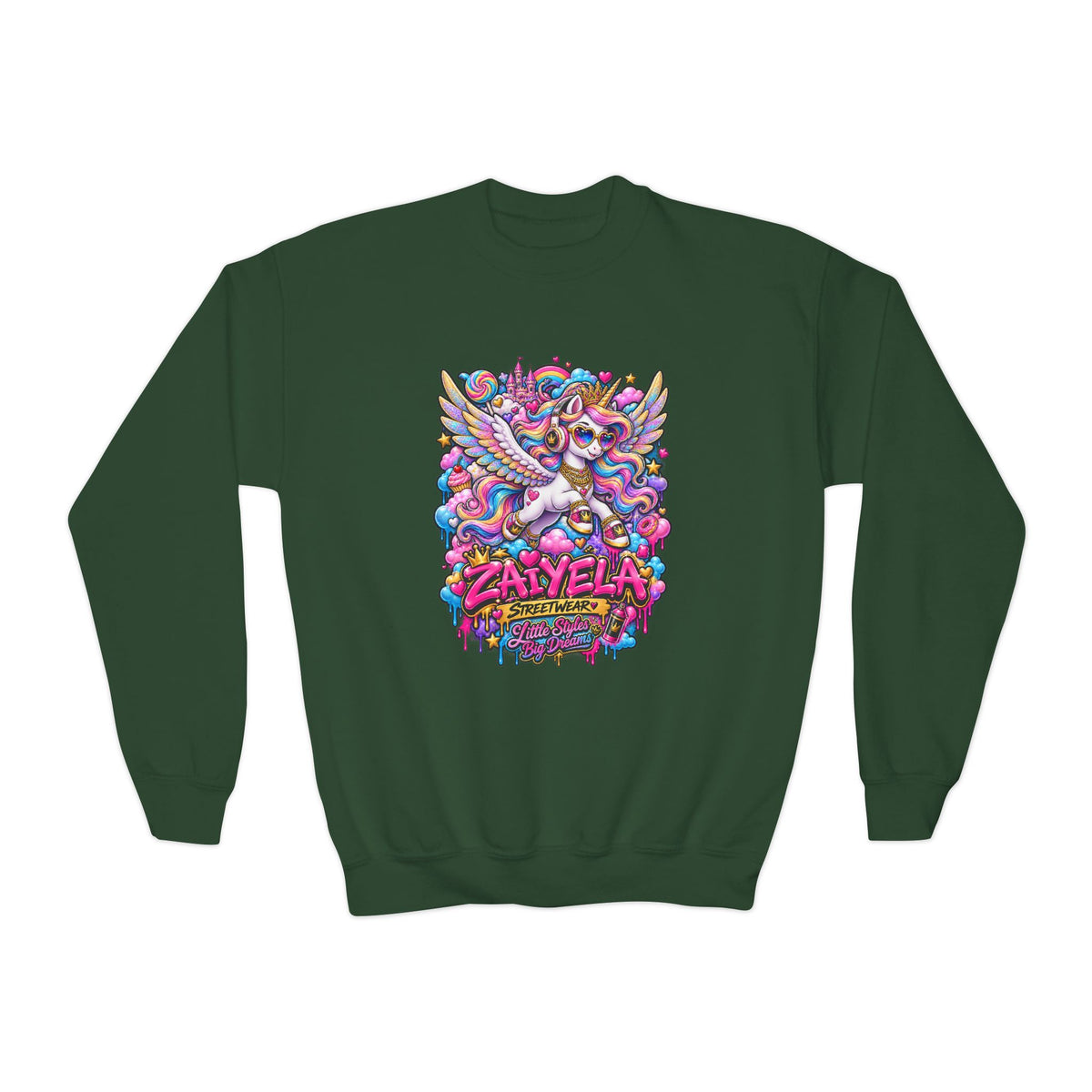 Youth Crewneck Sweatshirt — Colorful Cartoon Pegasus Design