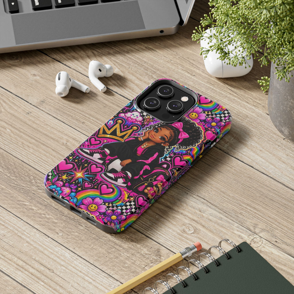 Cute Black Girl Phone Case Pink Crowned Girl, Hearts & Rainbow Tough Case