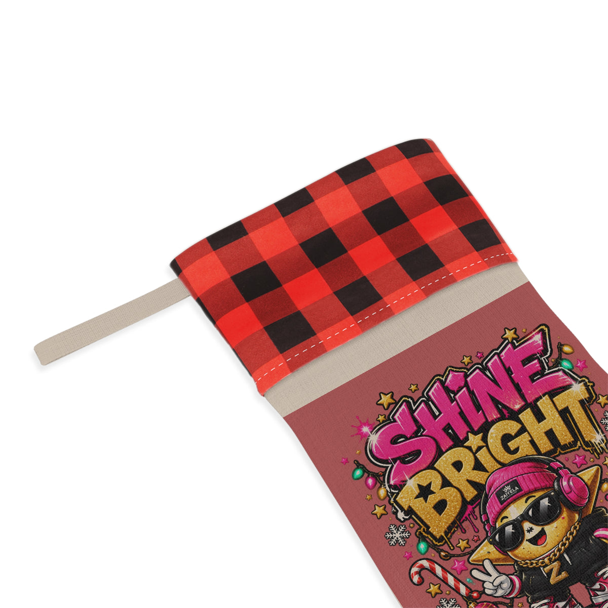 Shine Bright Holiday Christmas Stocking — Red Buffalo Plaid Top