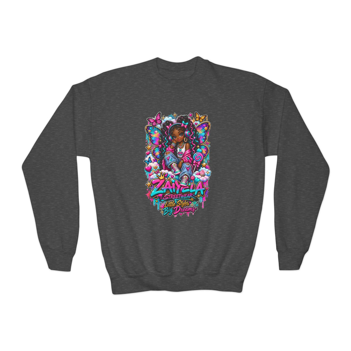 Youth Crewneck Sweatshirt — Colorful Butterfly Girl Graphic Sweatshirt for Kids