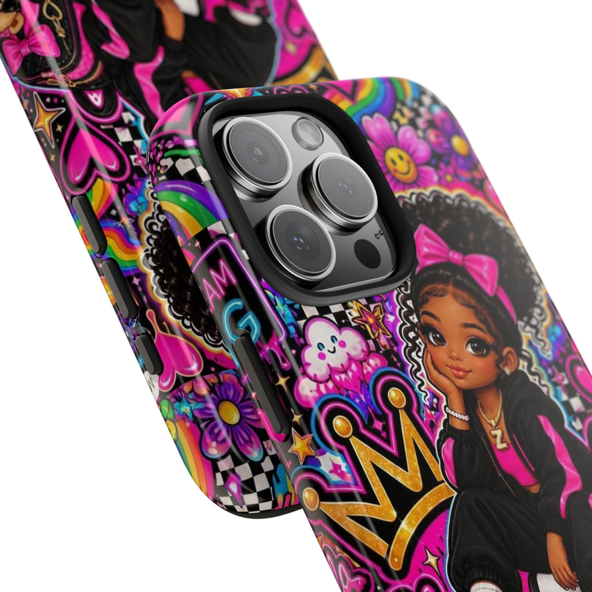 Cute Black Girl Phone Case Pink Crowned Girl, Hearts & Rainbow Tough Case