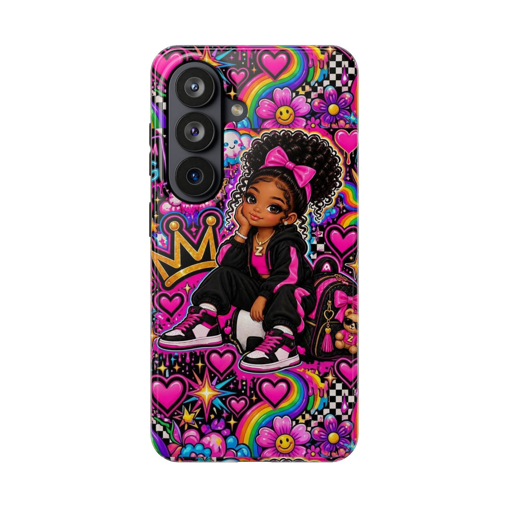 Cute Black Girl Phone Case Pink Crowned Girl, Hearts & Rainbow Tough Case