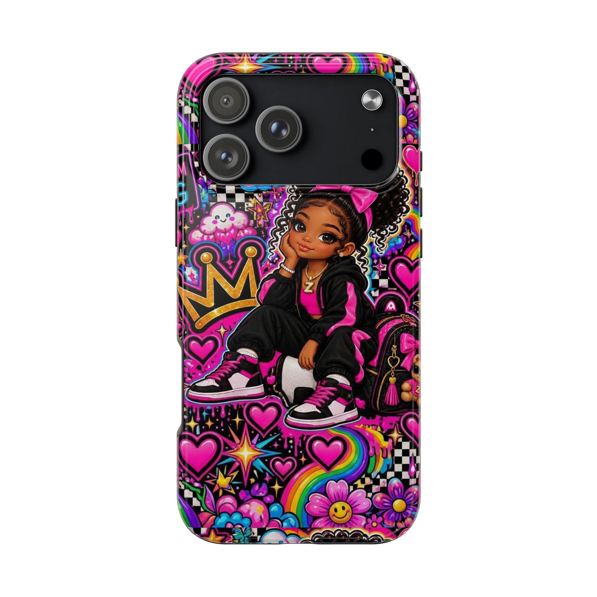 Cute Black Girl Phone Case Pink Crowned Girl, Hearts & Rainbow Tough Case