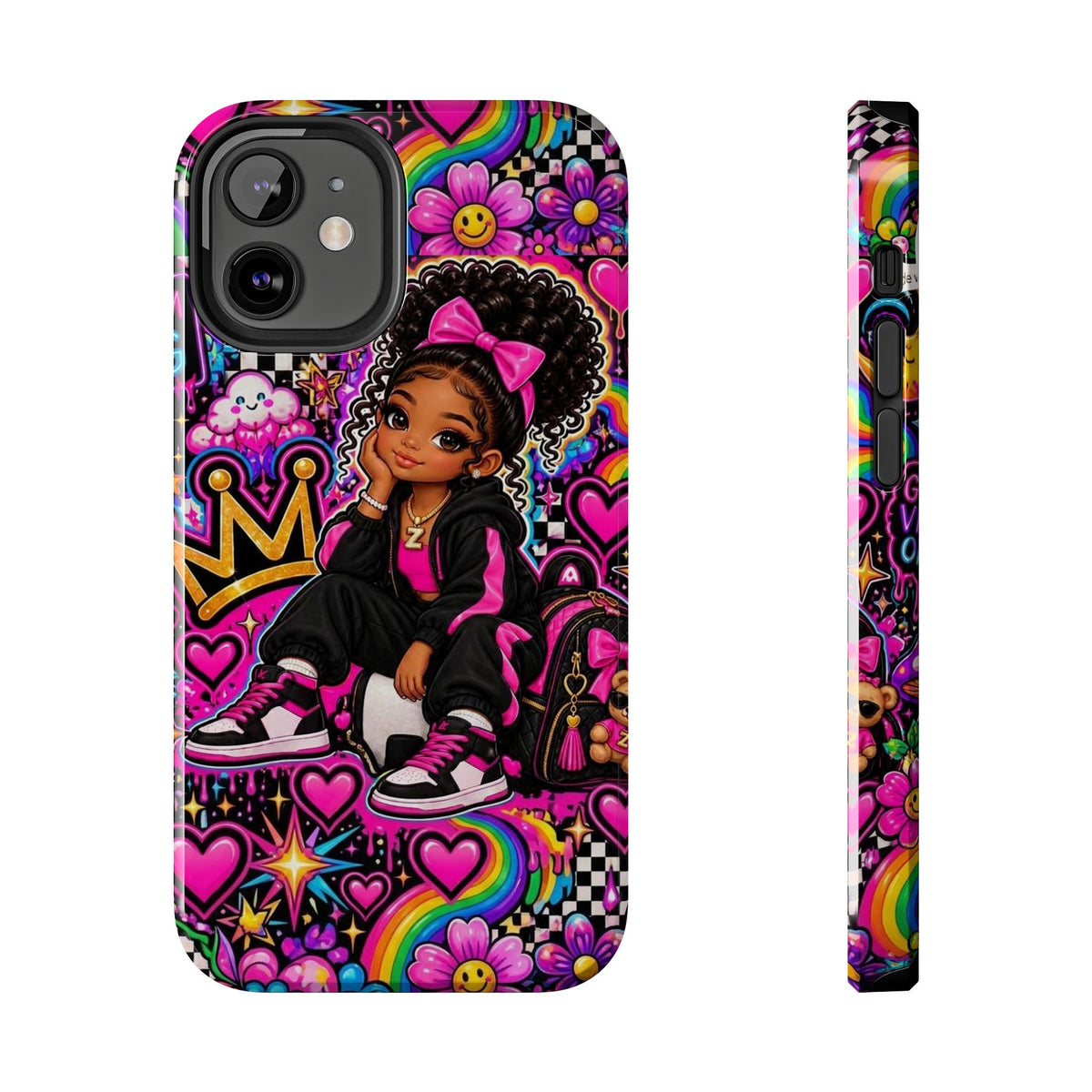 Cute Black Girl Phone Case Pink Crowned Girl, Hearts & Rainbow Tough Case