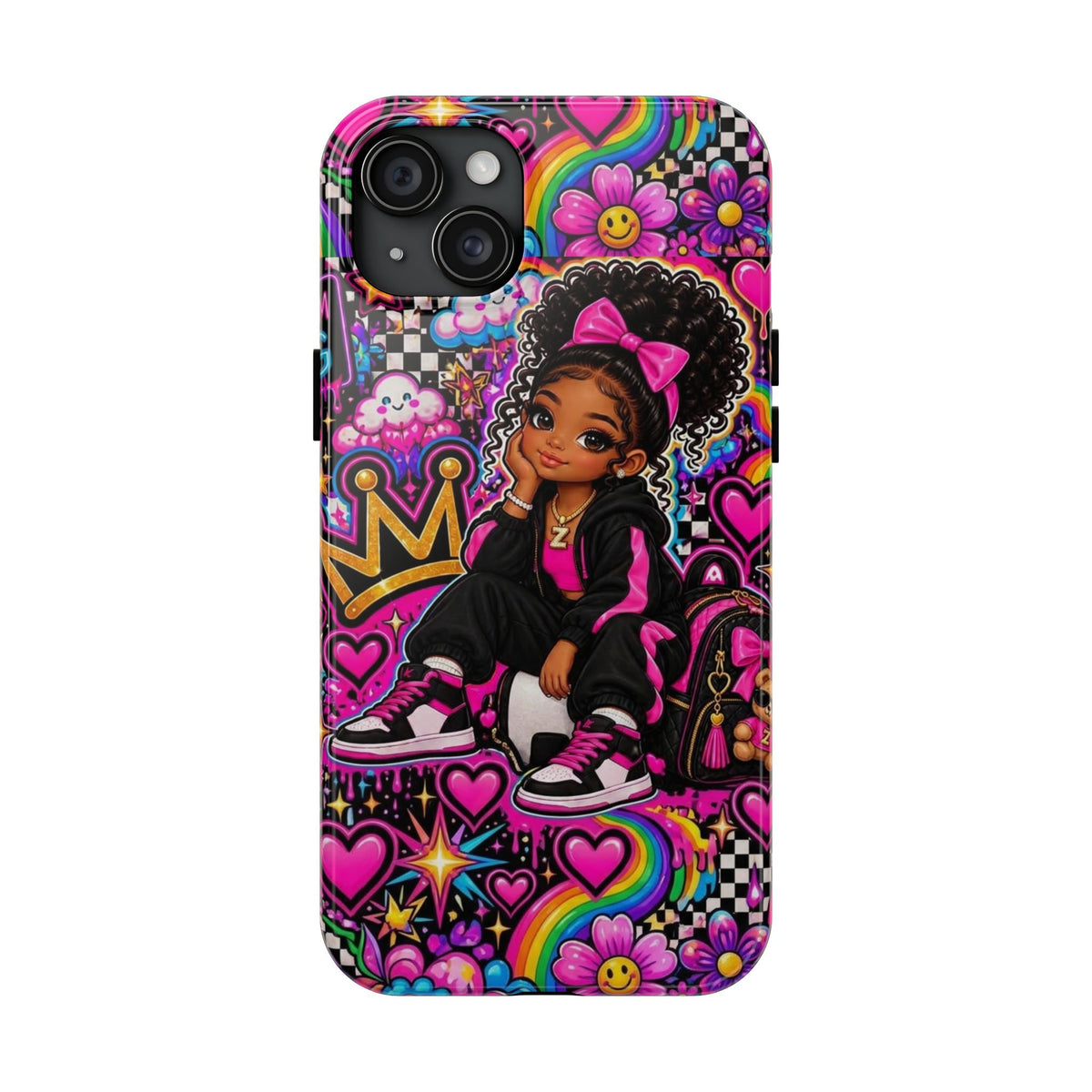 Cute Black Girl Phone Case Pink Crowned Girl, Hearts & Rainbow Tough Case