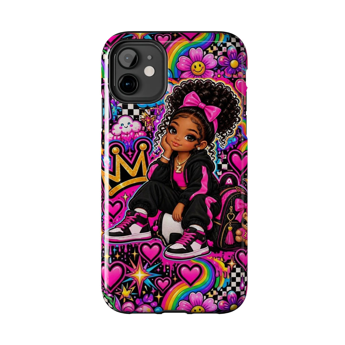 Cute Black Girl Phone Case Pink Crowned Girl, Hearts & Rainbow Tough Case