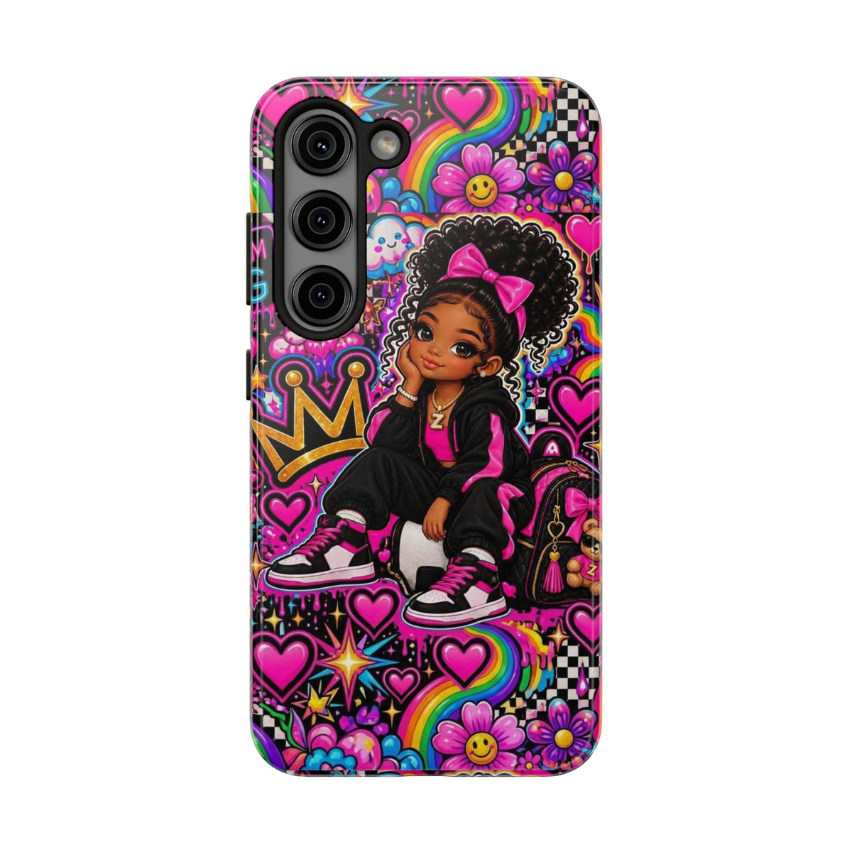 Cute Black Girl Phone Case Pink Crowned Girl, Hearts & Rainbow Tough Case