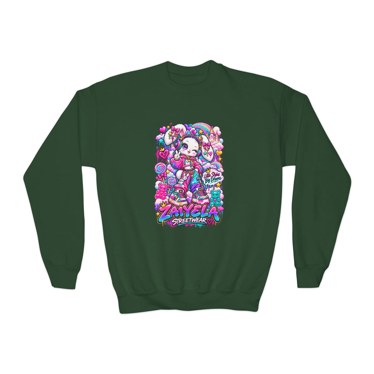 Youth Crewneck Sweatshirt — Colorful Bunny Candy Dream Graphic
