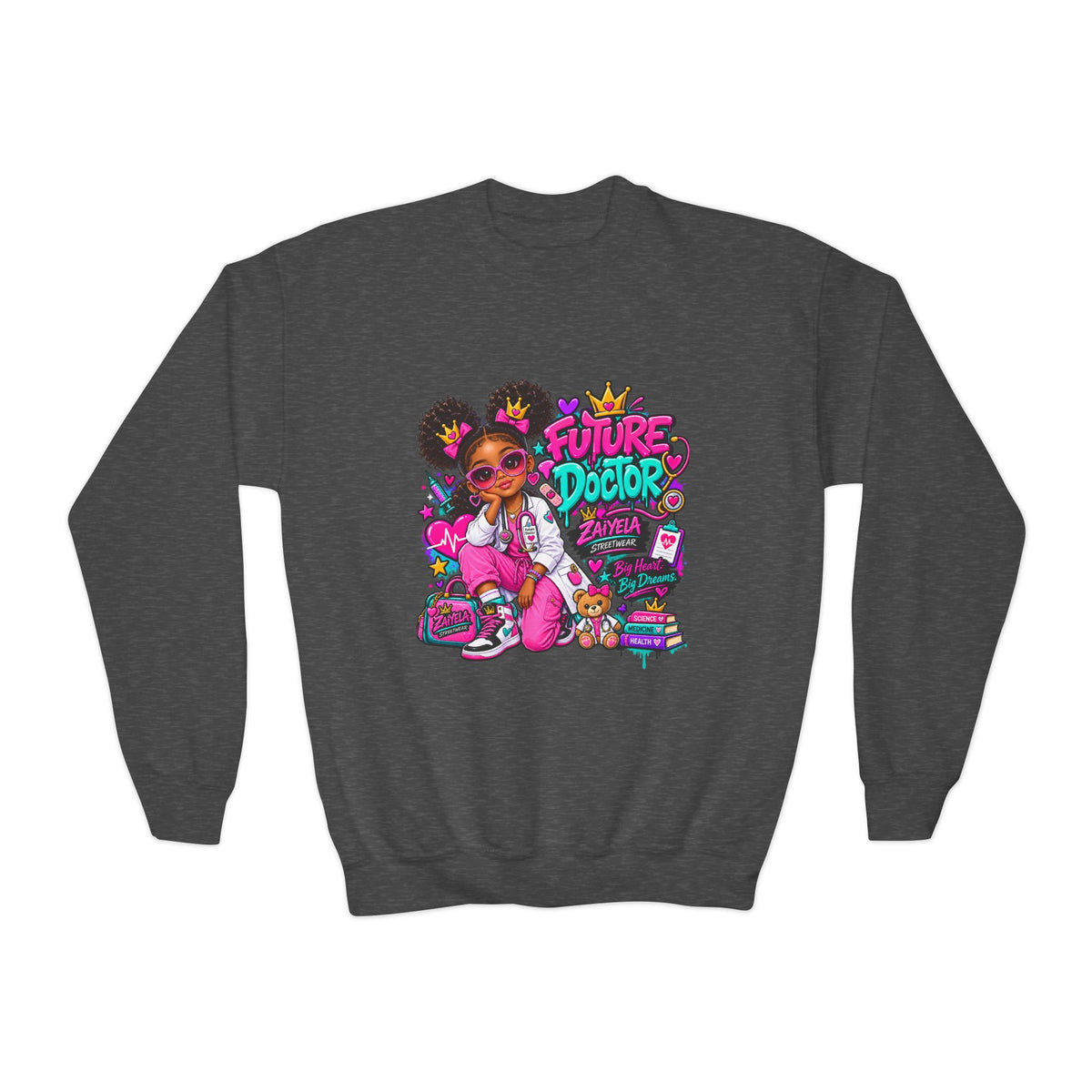 Youth Sweatshirt — "Future Doctor" Pink Graphic Crewneck Big Heart, Big Dreams