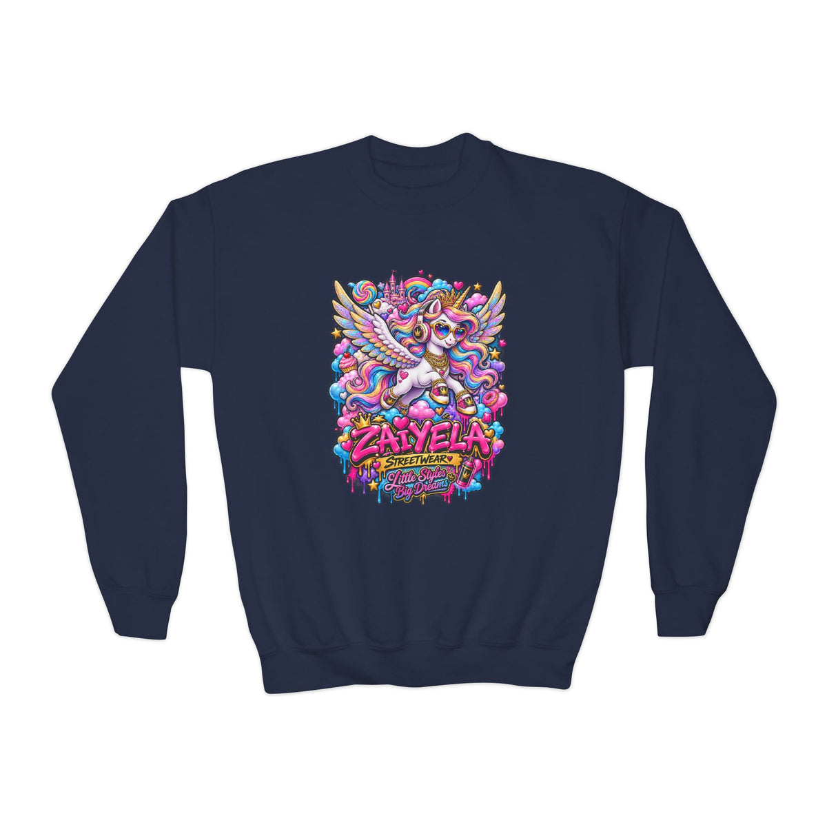 Youth Crewneck Sweatshirt — Colorful Cartoon Pegasus Design