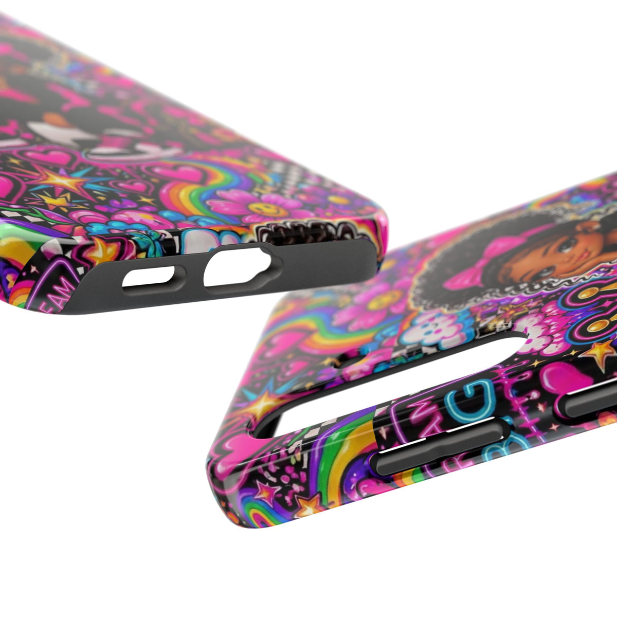 Cute Black Girl Phone Case Pink Crowned Girl, Hearts & Rainbow Tough Case
