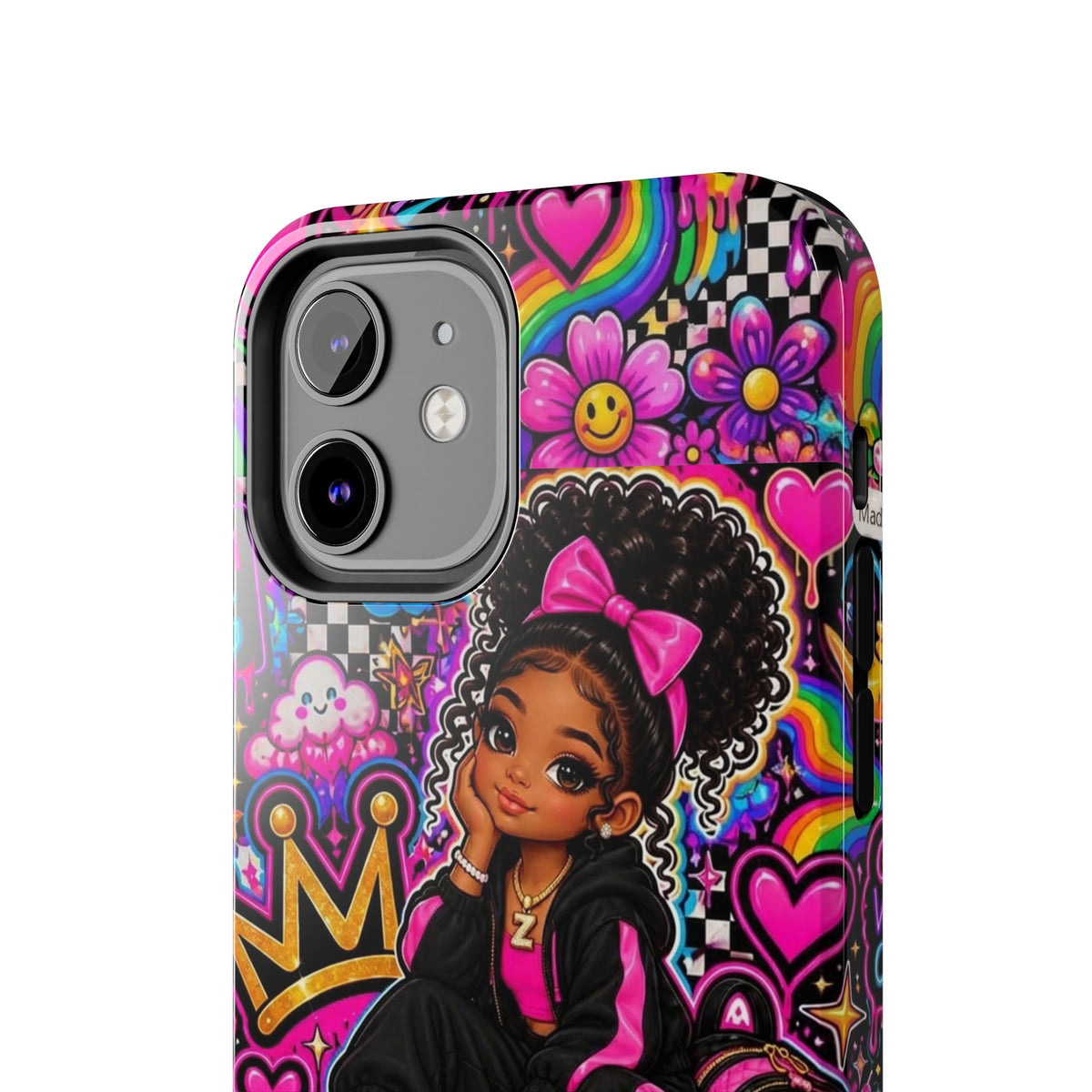 Cute Black Girl Phone Case Pink Crowned Girl, Hearts & Rainbow Tough Case