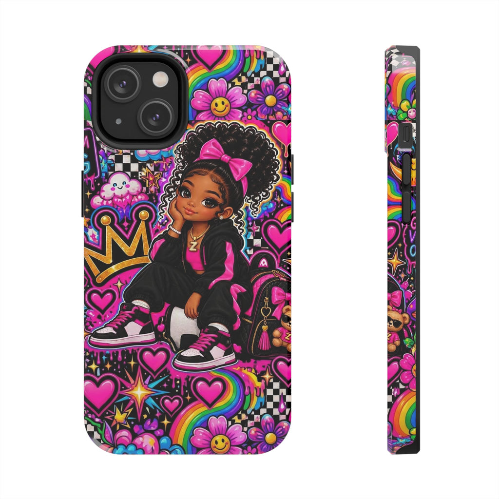 Cute Black Girl Phone Case Pink Crowned Girl, Hearts & Rainbow Tough Case