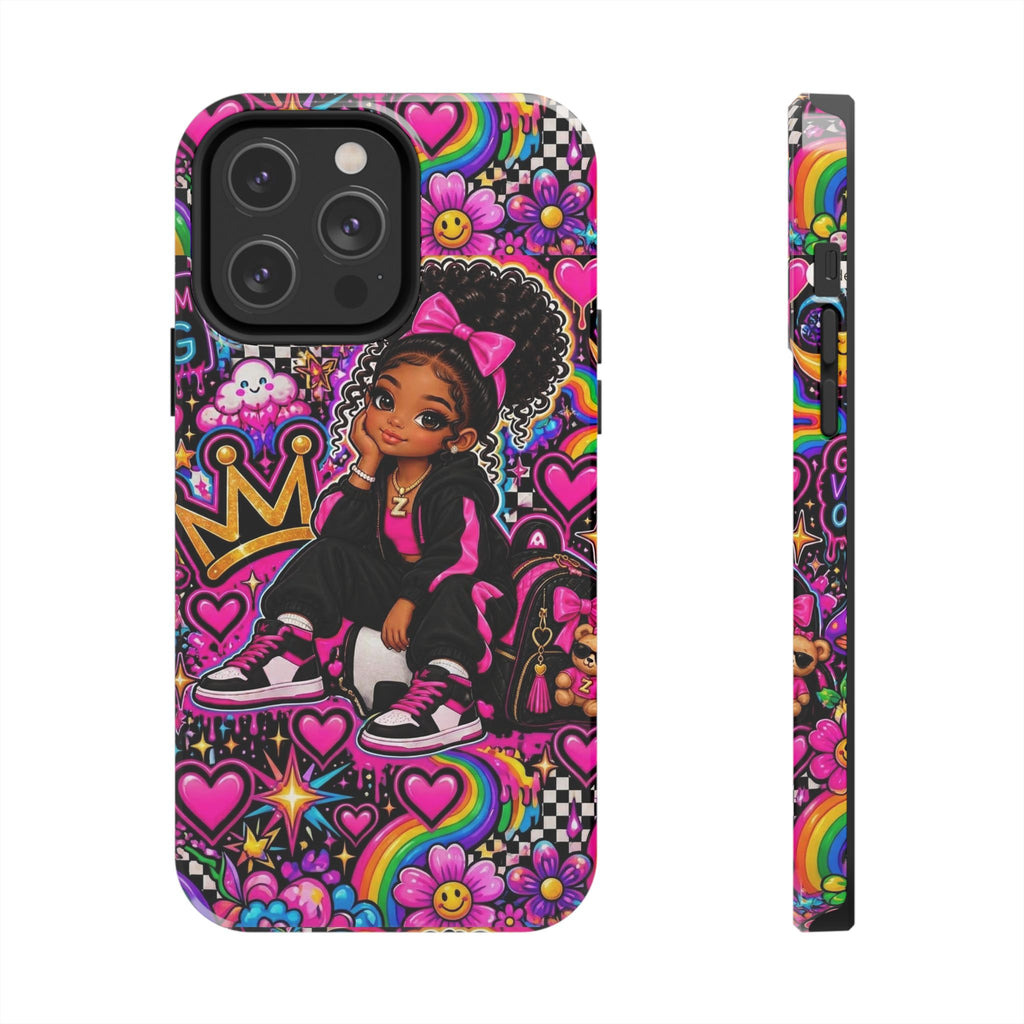 Cute Black Girl Phone Case Pink Crowned Girl, Hearts & Rainbow Tough Case