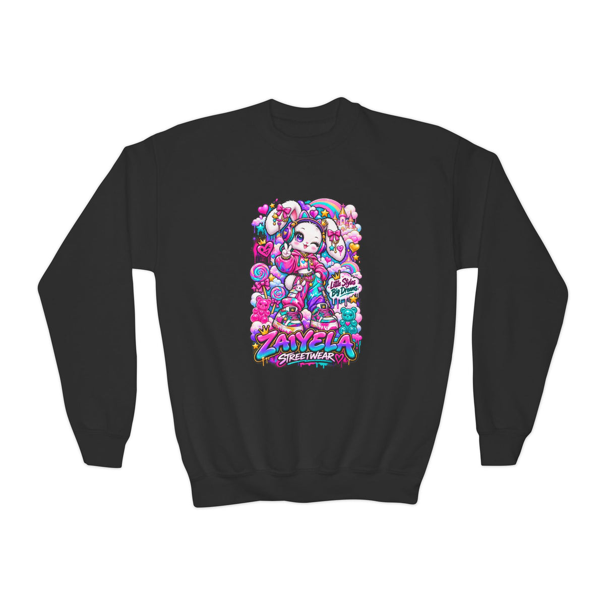 Youth Crewneck Sweatshirt — Colorful Bunny Candy Dream Graphic