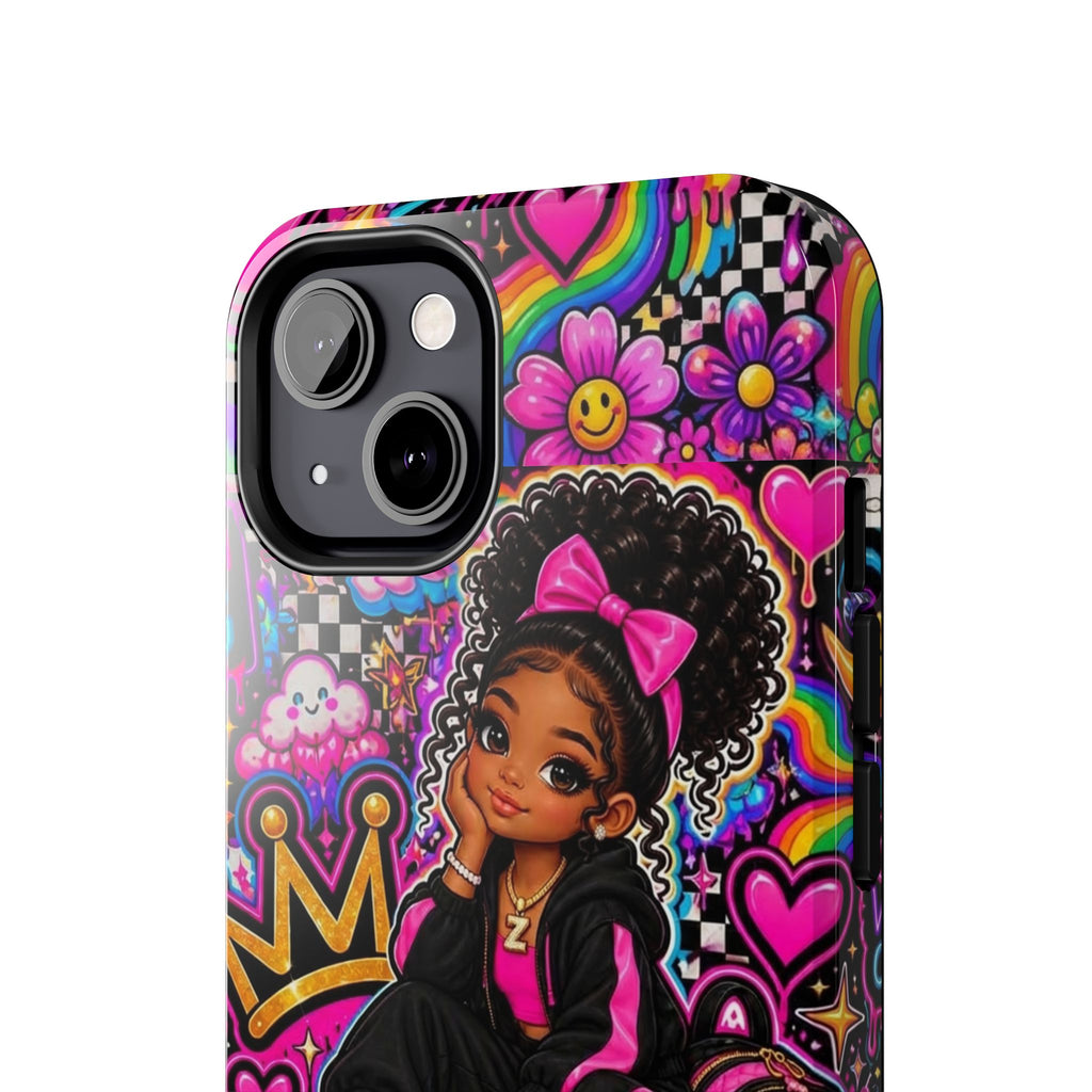 Cute Black Girl Phone Case Pink Crowned Girl, Hearts & Rainbow Tough Case