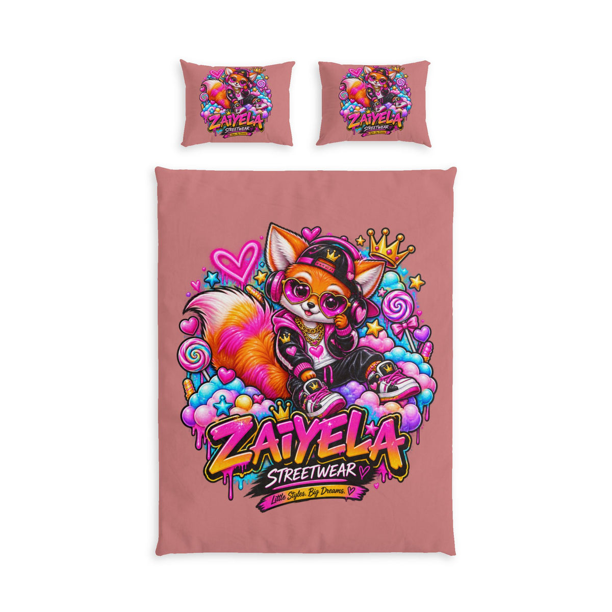 Cute Fox Streetwear Cotton Bed Set — "Zaiyela" Pink Duvet Cover & Pillowcases
