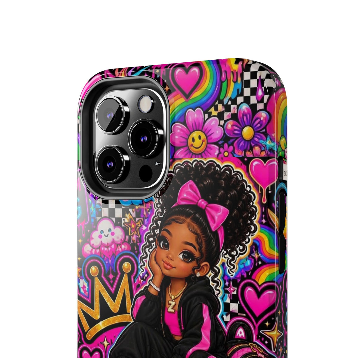 Cute Black Girl Phone Case Pink Crowned Girl, Hearts & Rainbow Tough Case