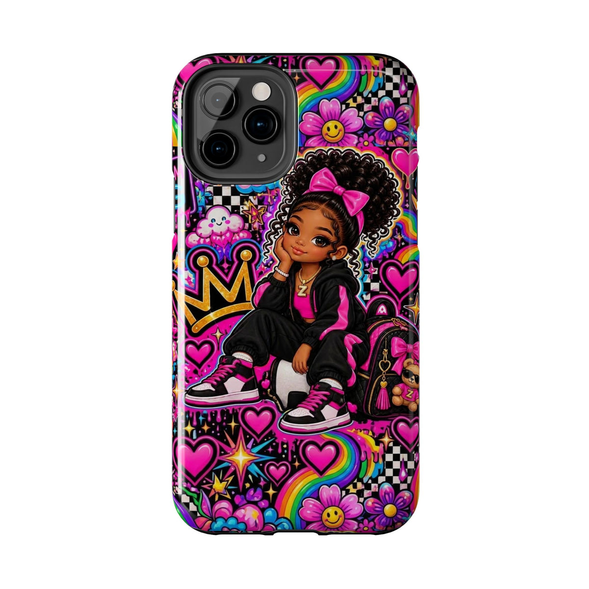 Cute Black Girl Phone Case Pink Crowned Girl, Hearts & Rainbow Tough Case