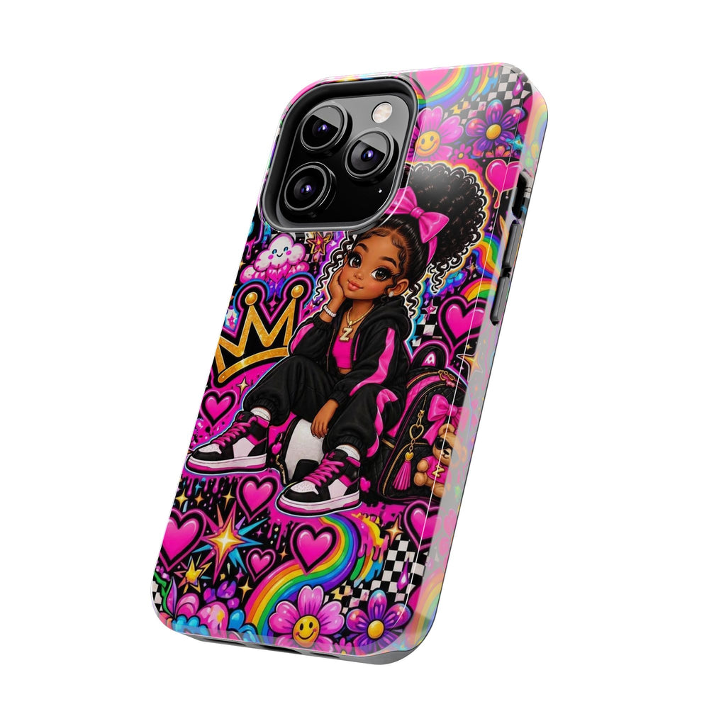 Cute Black Girl Phone Case Pink Crowned Girl, Hearts & Rainbow Tough Case