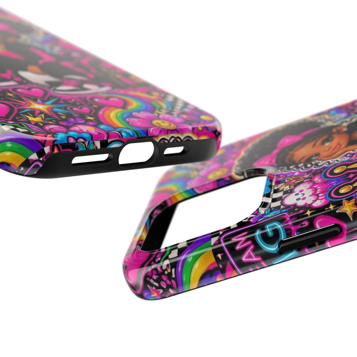 Cute Black Girl Phone Case Pink Crowned Girl, Hearts & Rainbow Tough Case