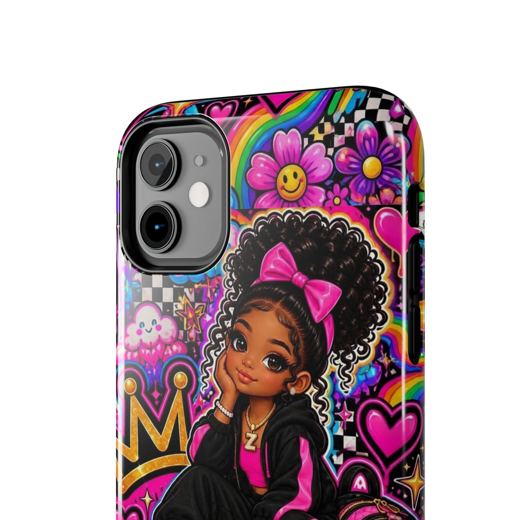Cute Black Girl Phone Case Pink Crowned Girl, Hearts & Rainbow Tough Case