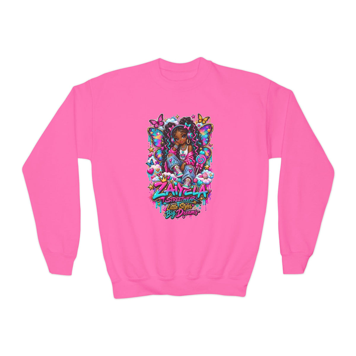 Youth Crewneck Sweatshirt — Colorful Butterfly Girl Graphic Sweatshirt for Kids