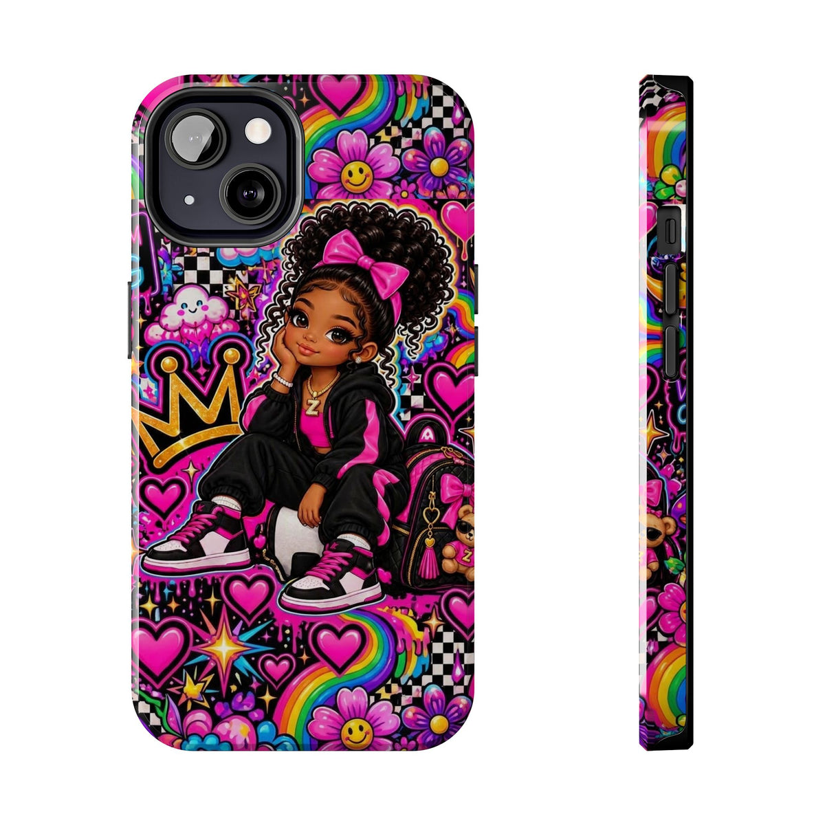 Cute Black Girl Phone Case Pink Crowned Girl, Hearts & Rainbow Tough Case