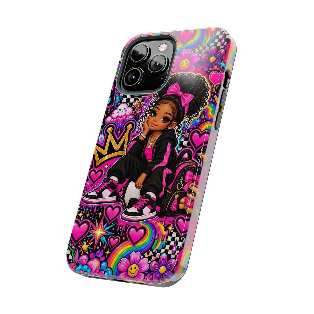 Cute Black Girl Phone Case Pink Crowned Girl, Hearts & Rainbow Tough Case