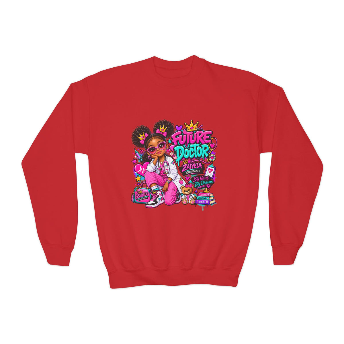 Youth Sweatshirt — "Future Doctor" Pink Graphic Crewneck Big Heart, Big Dreams